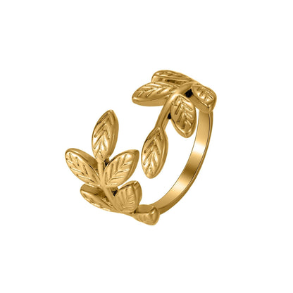 Gold Olive Leaf Ring: Adjustable Stainless Steel Wrap Ring