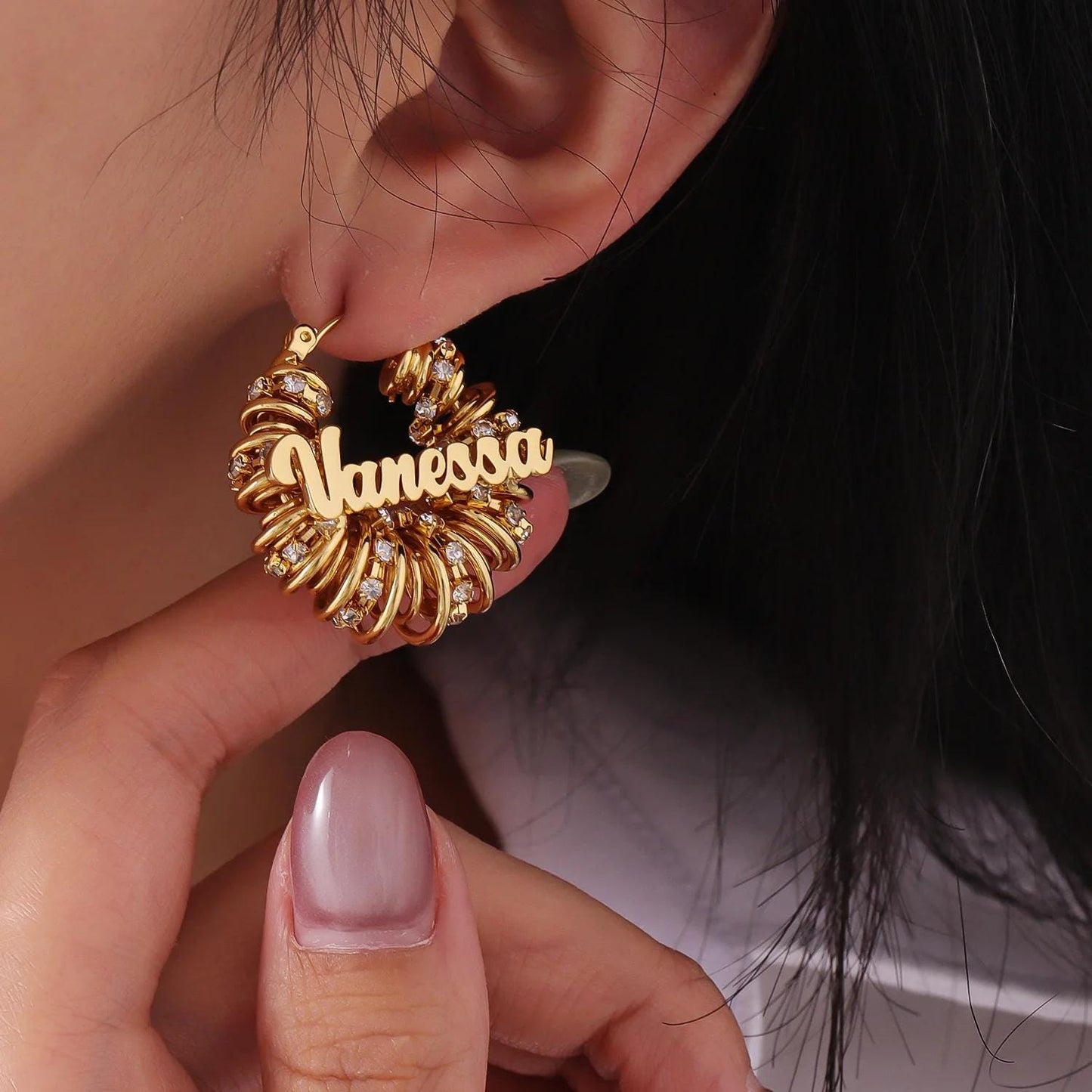 Custom Name Hoop Earrings: Gold CZ Personalized Statement Hoops