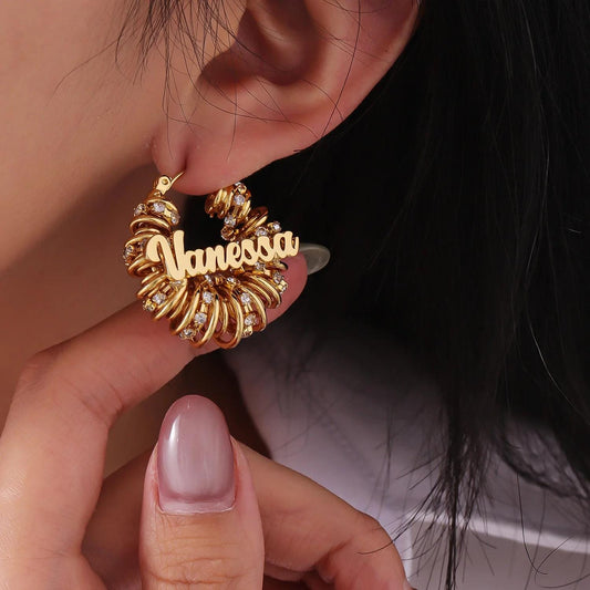 Custom Name Hoop Earrings: Gold CZ Personalized Statement Hoops