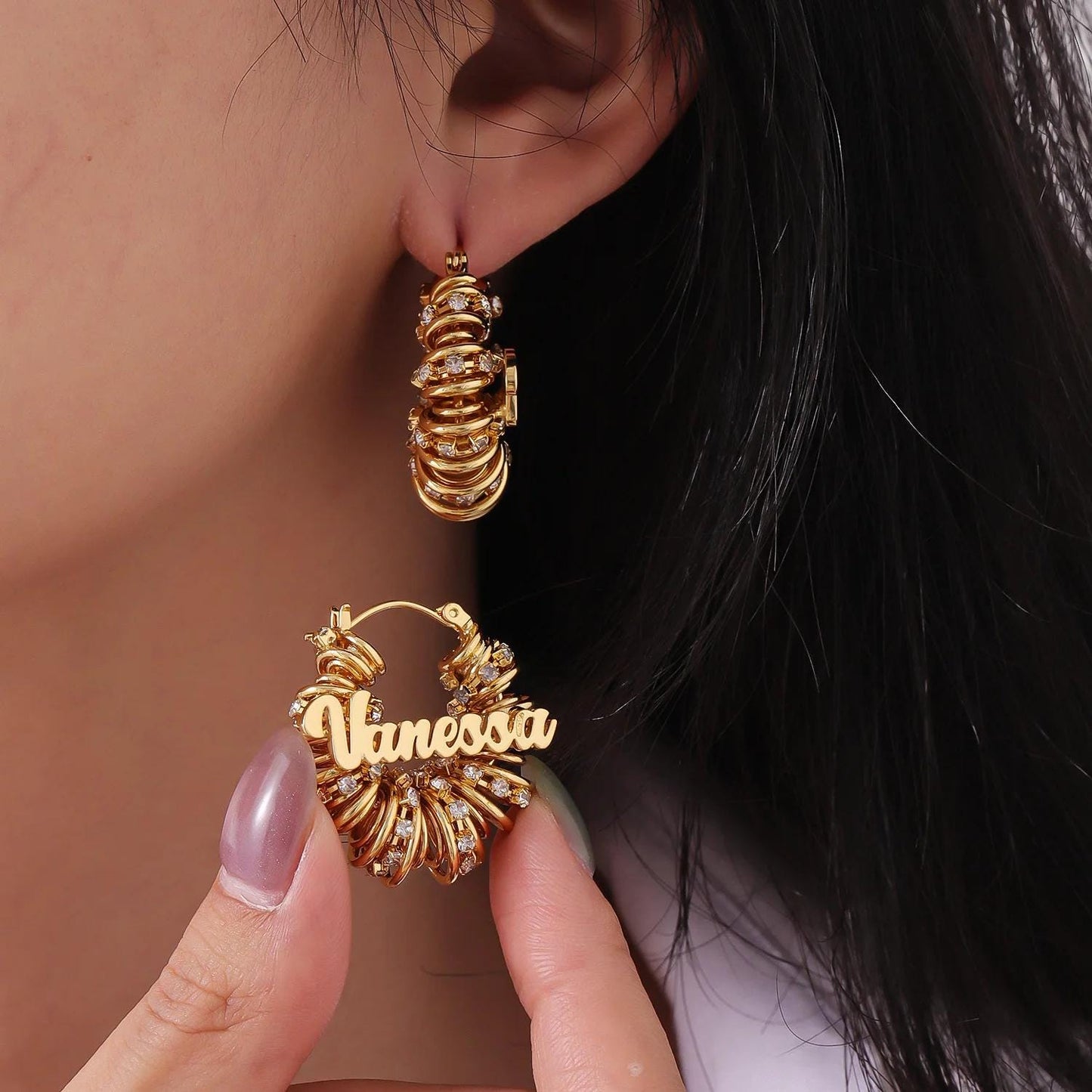 Custom Name Hoop Earrings: Gold CZ Personalized Statement Hoops