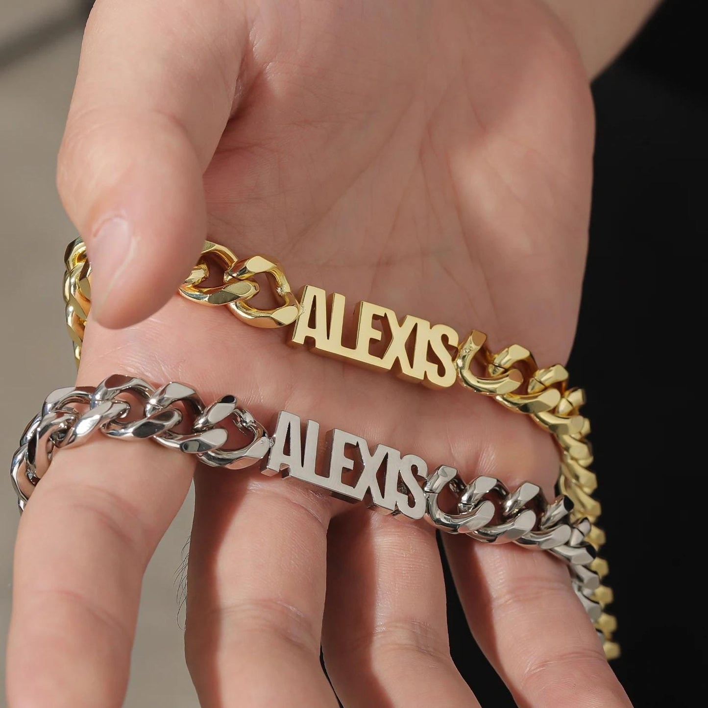 Custom Name Cuban Link Bracelet: Gold or Silver Stainless Steel, Waterproof