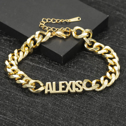 Custom Name Cuban Link Bracelet: Gold or Silver Stainless Steel, Waterproof