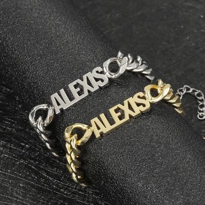 Custom Name Cuban Link Bracelet: Gold or Silver Stainless Steel, Waterproof
