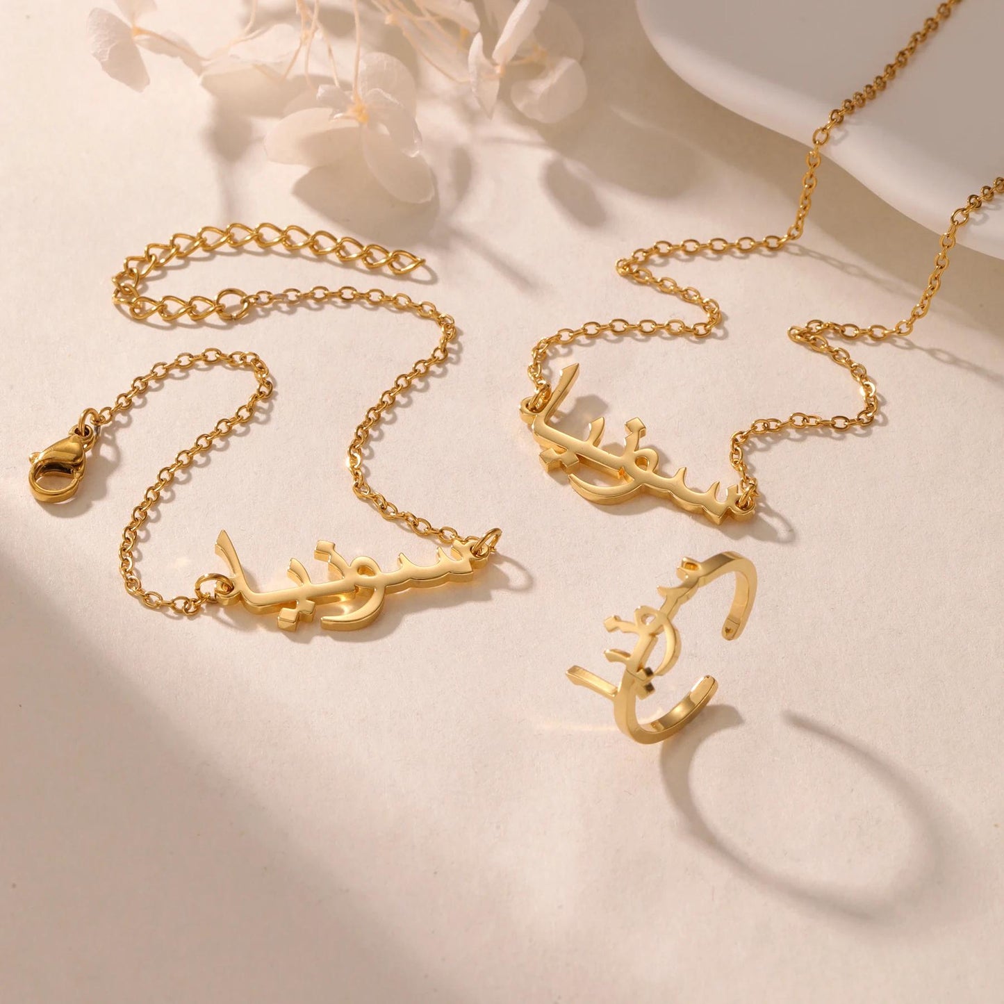 Personalized Arabic Name Jewelry Set: Adjustable Ring, Bracelet, Necklace