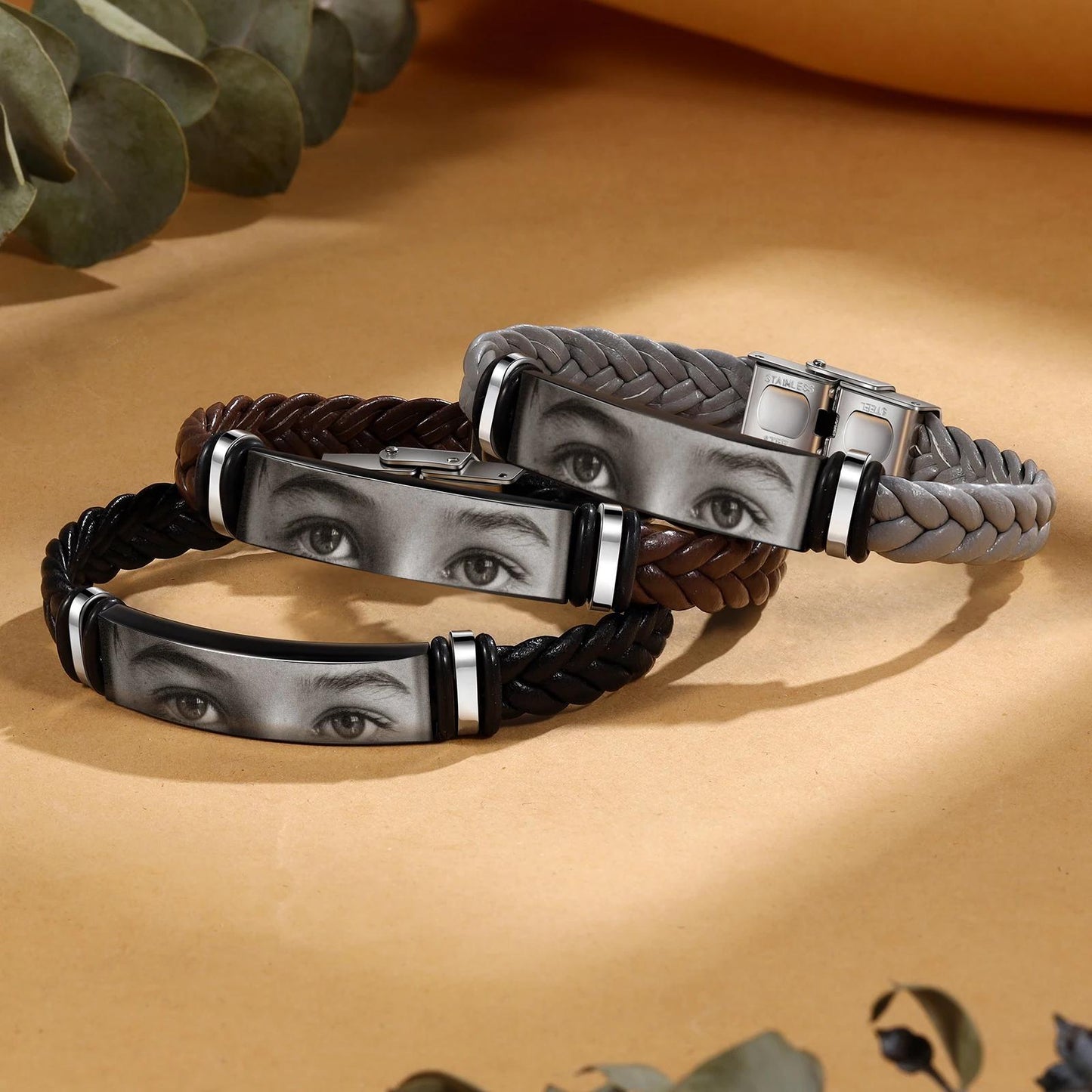 Personalized Eye Photo Bracelet - Braided Leather & Stainless Steel