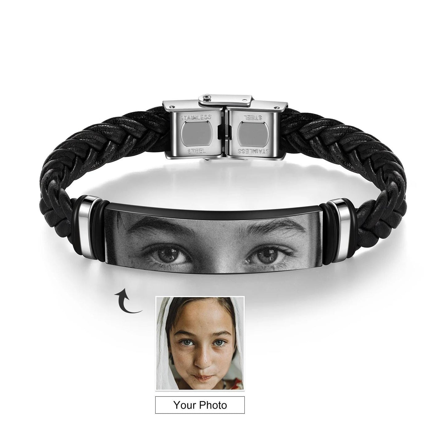 Personalized Eye Photo Bracelet - Braided Leather & Stainless Steel