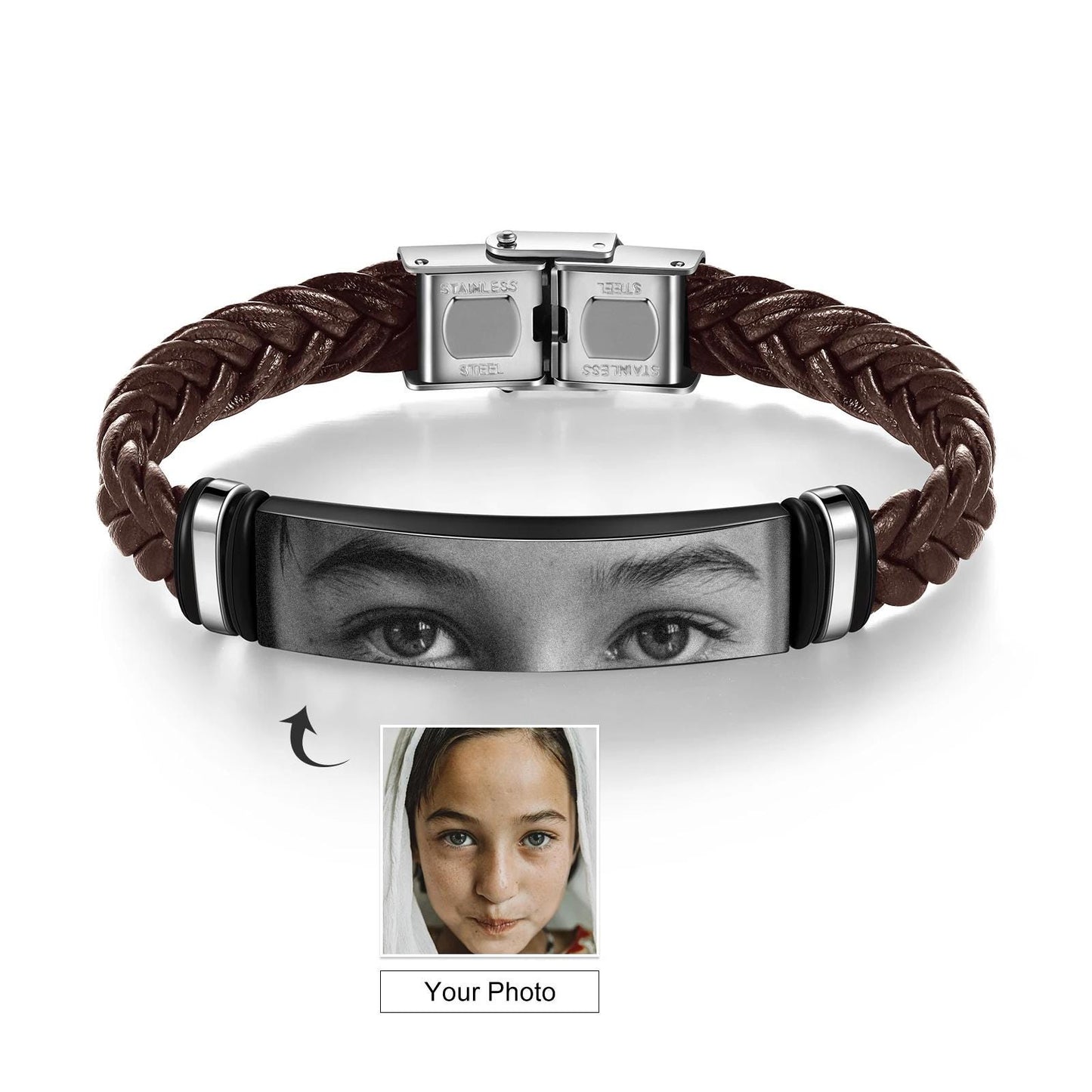 Personalized Eye Photo Bracelet - Braided Leather & Stainless Steel