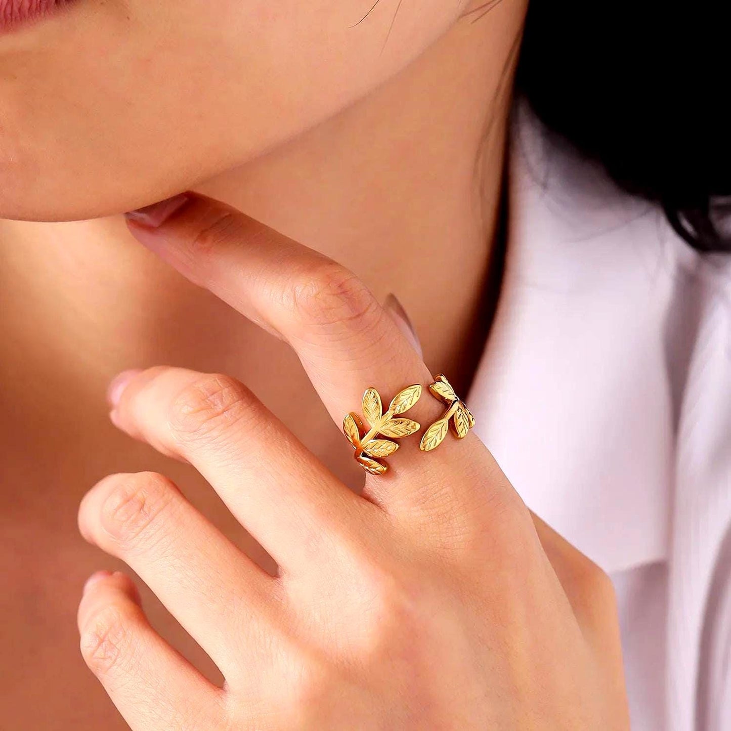 Gold Olive Leaf Ring: Adjustable Stainless Steel Wrap Ring
