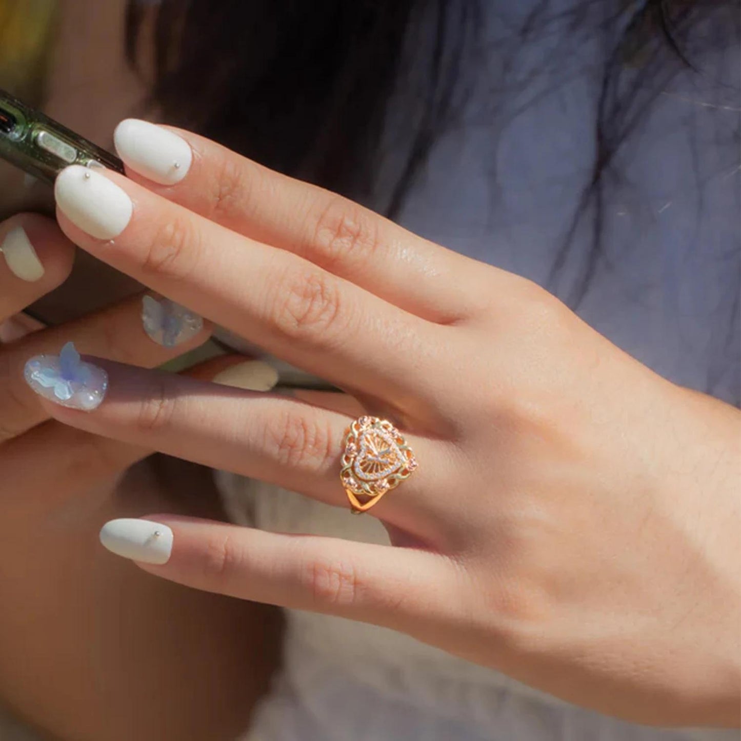 Personalized Heart Ring: Vintage Initial Ring with Rose Accents, Adjustable and Waterproof