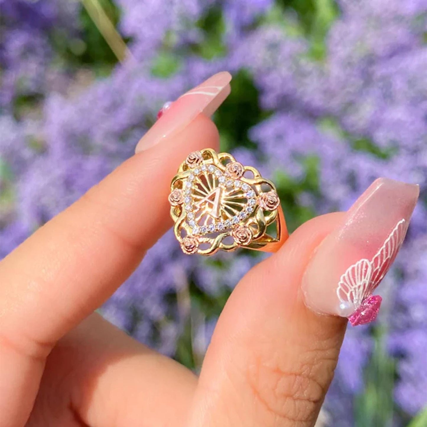 Personalized Heart Ring: Vintage Initial Ring with Rose Accents, Adjustable and Waterproof