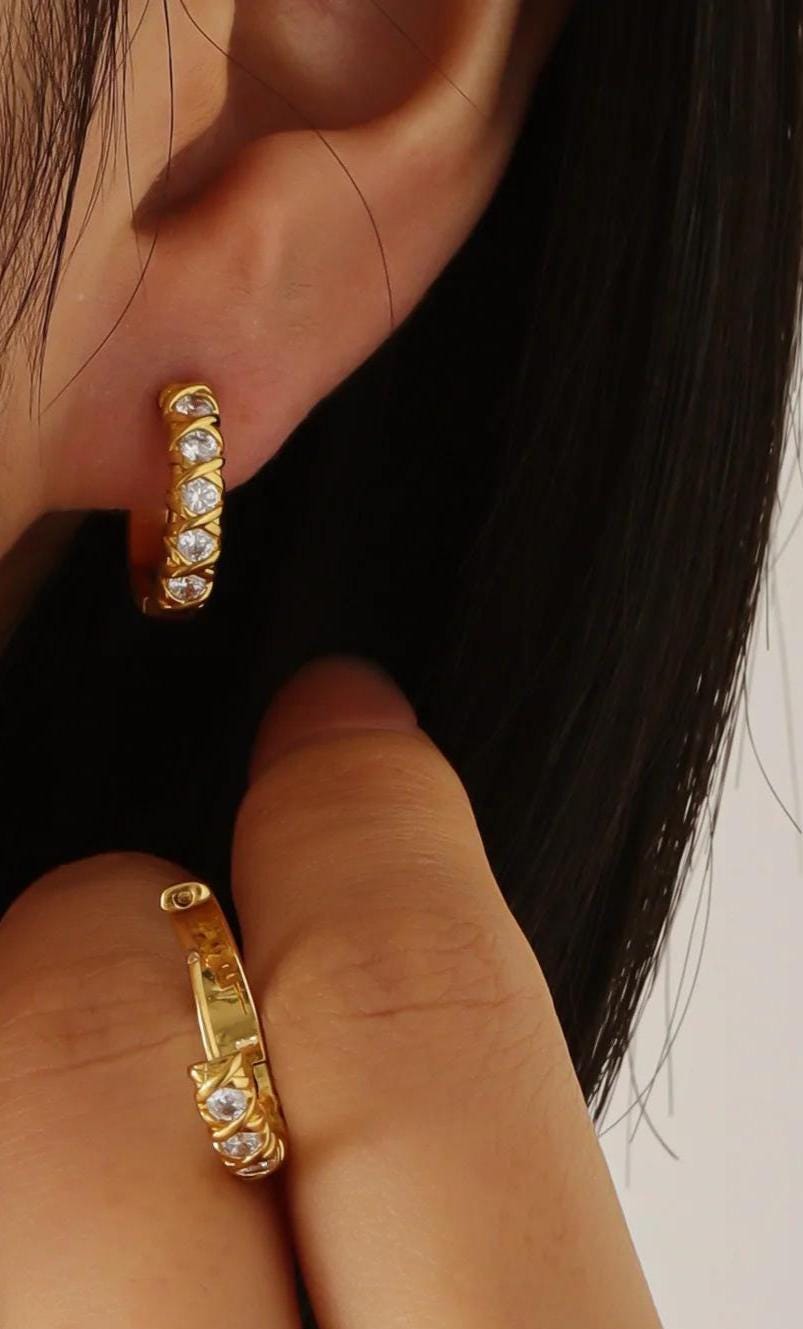 Gold Hoop Earrings: CZ Stone Huggie Hoops, Waterproof Gold Jewelry, Christmas Gift for Her