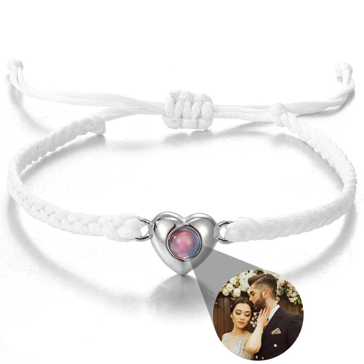 Photo Projection Rope Bracelet, Heart Charm Picture Jewelry, Adjustable Gift for Her