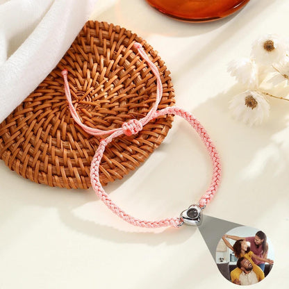 Photo Projection Rope Bracelet, Heart Charm Picture Jewelry, Adjustable Gift for Her