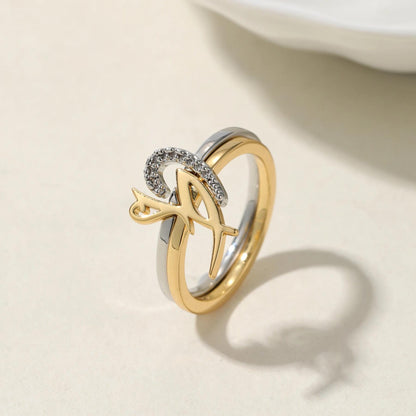 Arabic Initial Ring: 2 Intertwined Rings, Stainless Steel Silver and Gold
