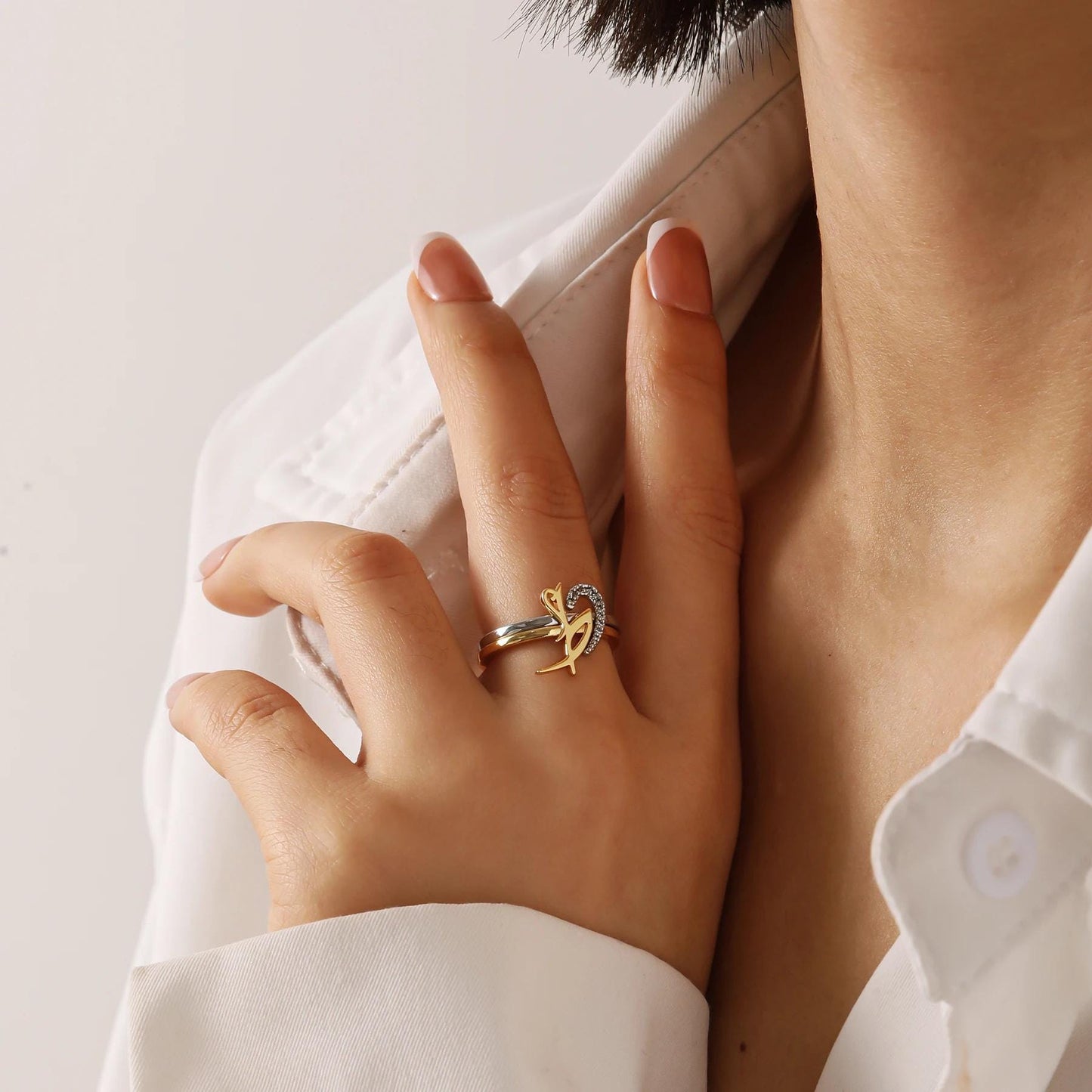 Arabic Initial Ring: 2 Intertwined Rings, Stainless Steel Silver and Gold
