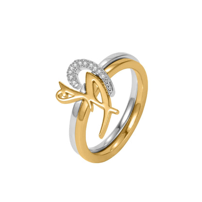Arabic Initial Ring: 2 Intertwined Rings, Stainless Steel Silver and Gold