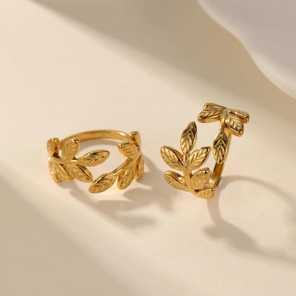Gold Olive Leaf Ring: Adjustable Stainless Steel Wrap Ring