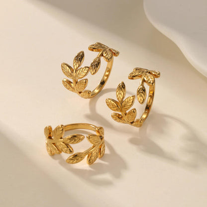 Gold Olive Leaf Ring: Adjustable Stainless Steel Wrap Ring
