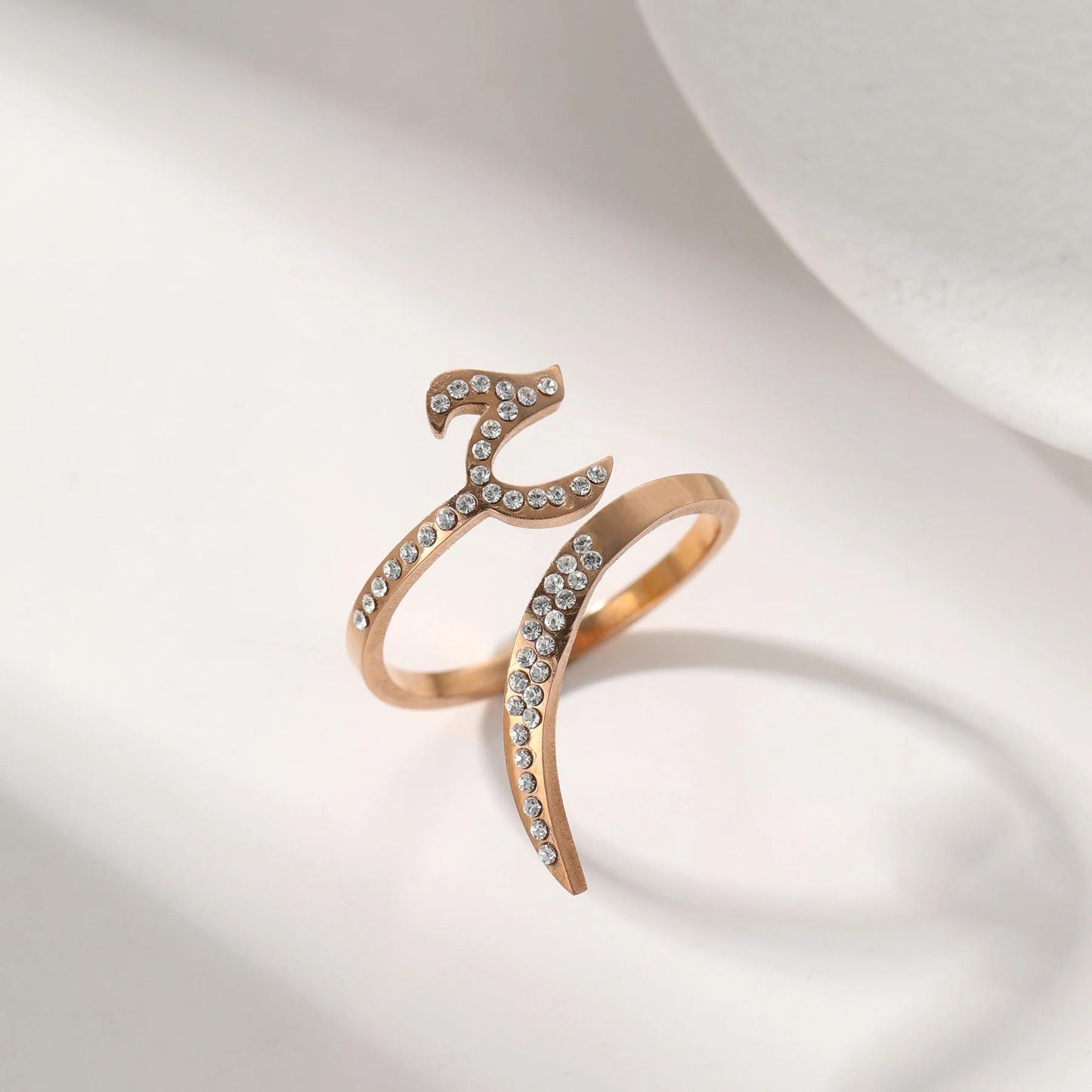 Personalized Arabic Calligraphy Ring: Adjustable Stainless Steel, Crystal Accents