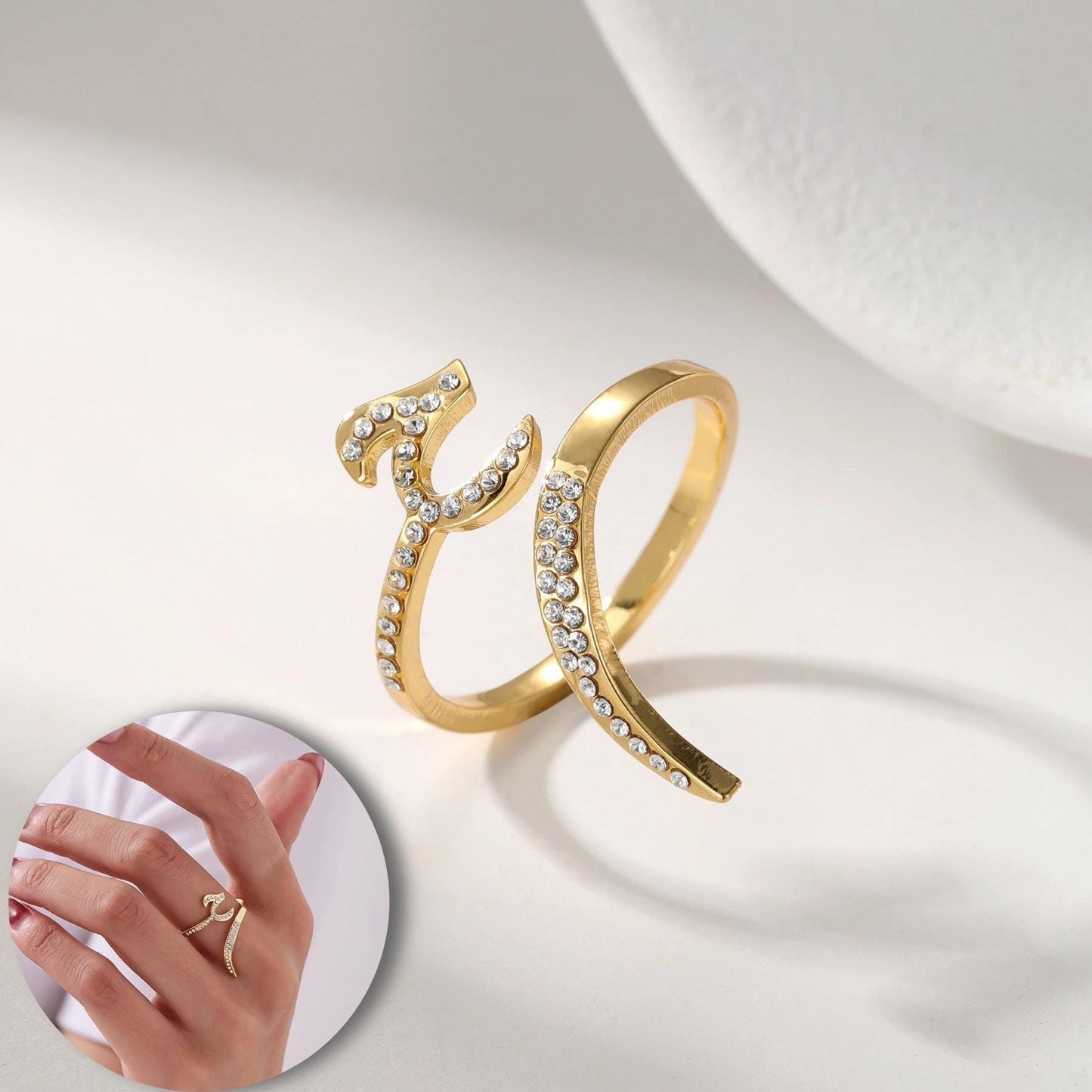 Personalized Arabic Calligraphy Ring: Adjustable Stainless Steel, Crystal Accents