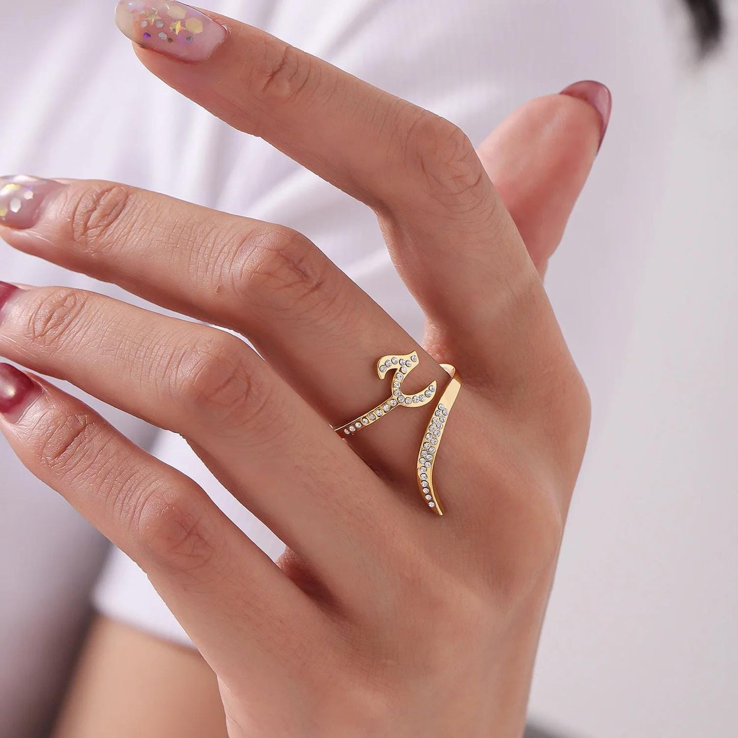 Personalized Arabic Calligraphy Ring: Adjustable Stainless Steel, Crystal Accents
