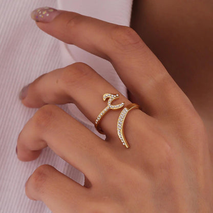 Personalized Arabic Calligraphy Ring: Adjustable Stainless Steel, Crystal Accents
