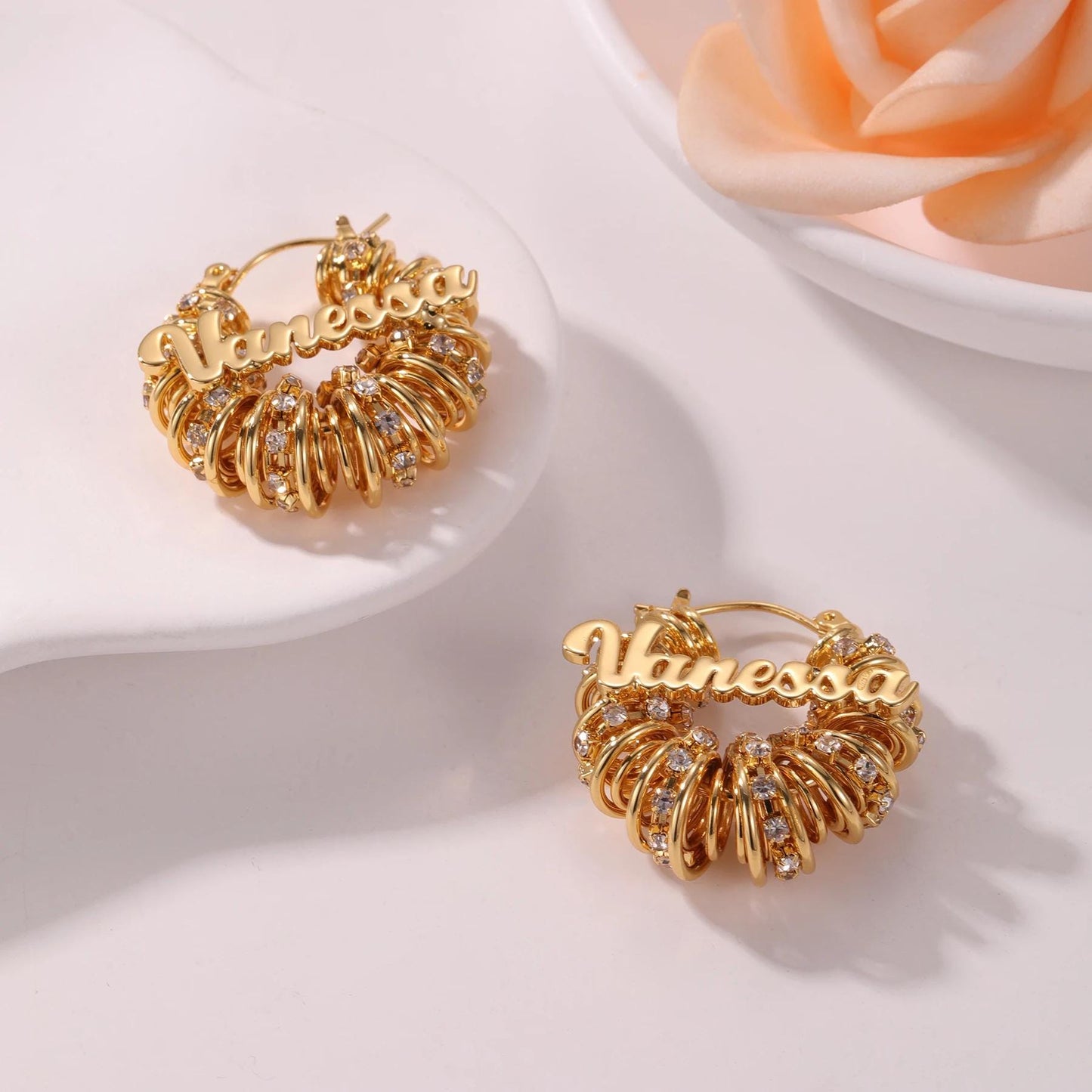 Custom Name Hoop Earrings: Gold CZ Personalized Statement Hoops