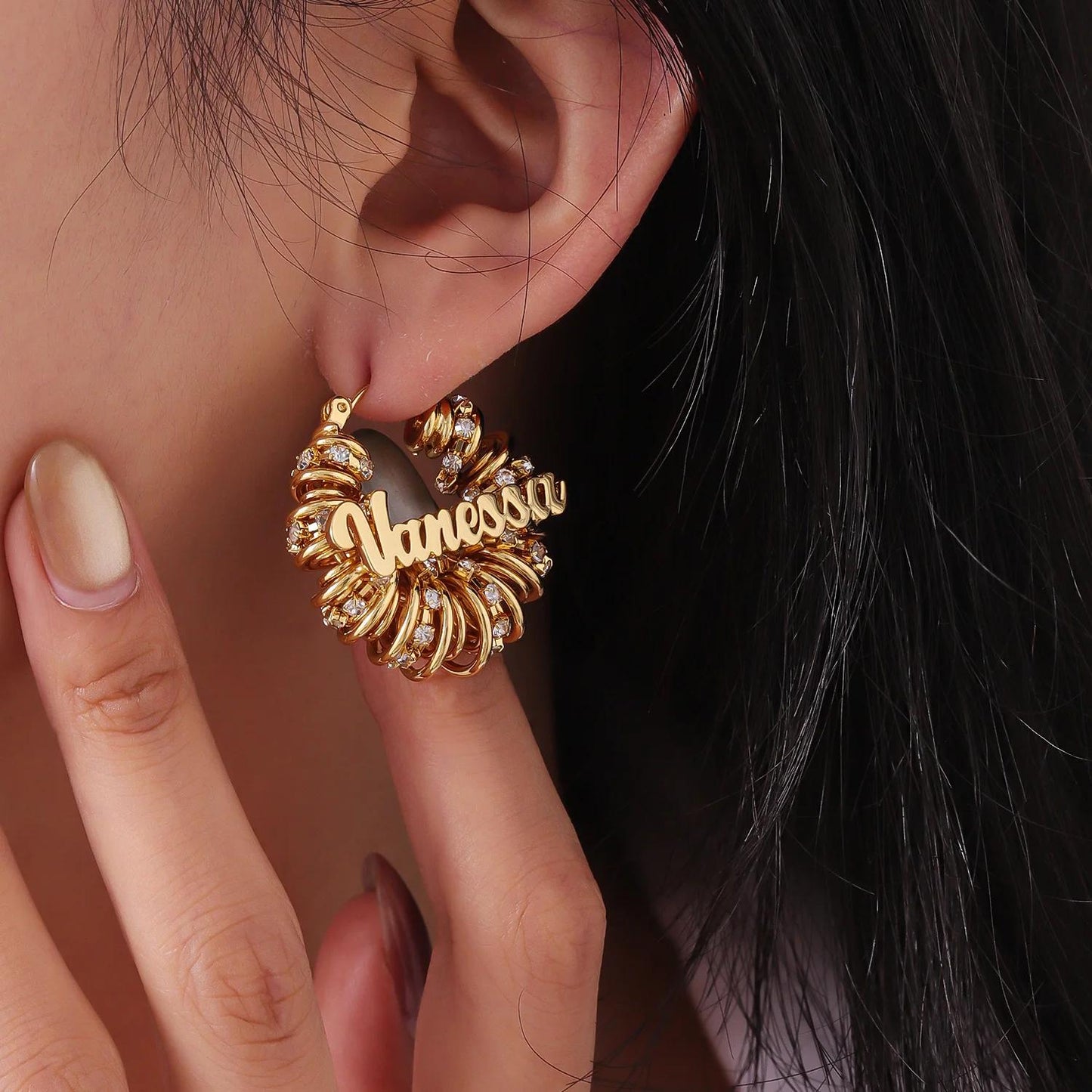 Custom Name Hoop Earrings: Gold CZ Personalized Statement Hoops