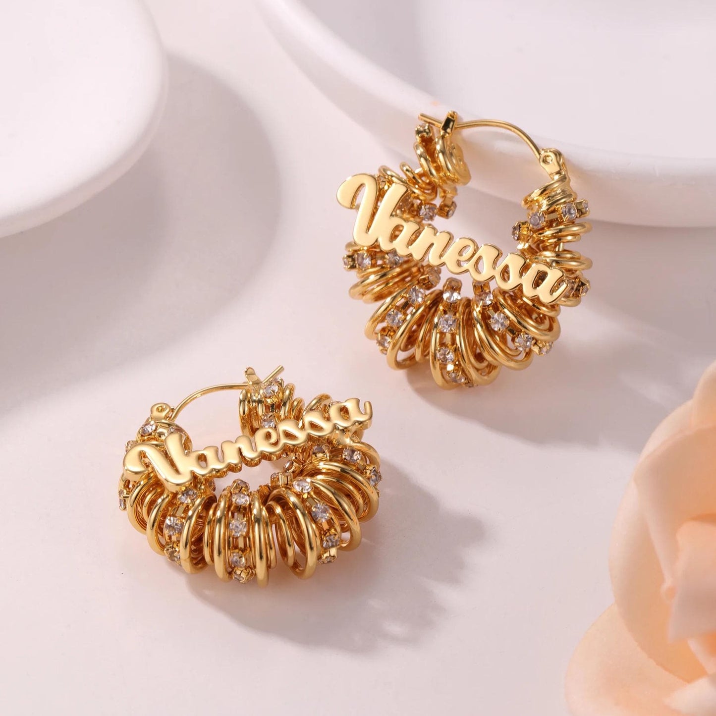 Custom Name Hoop Earrings: Gold CZ Personalized Statement Hoops