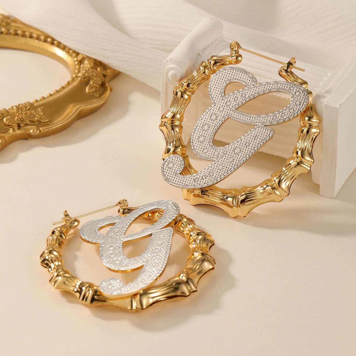 Initial Earrings: Gold Bamboo Hoops, Personalized Jewelry Gift, Waterproof Jewelry