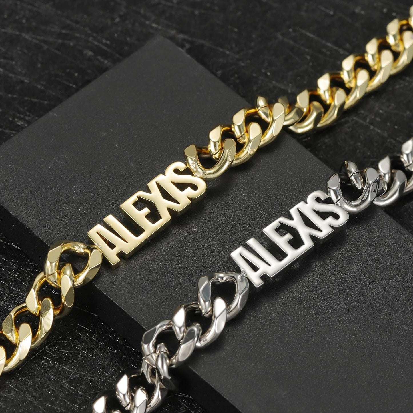 Custom Name Cuban Link Bracelet: Gold or Silver Stainless Steel, Waterproof