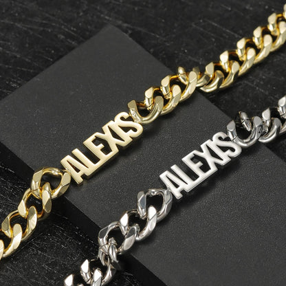 Custom Name Cuban Link Bracelet: Gold or Silver Stainless Steel, Waterproof