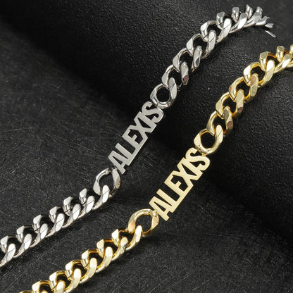 Custom Name Cuban Link Bracelet: Gold or Silver Stainless Steel, Waterproof