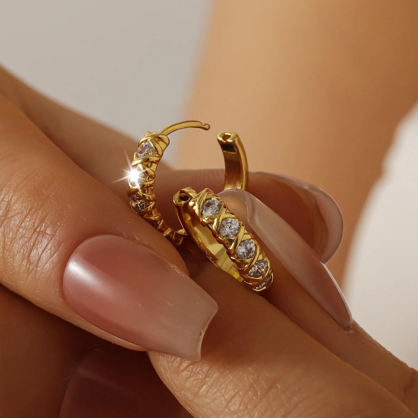 Gold Hoop Earrings: CZ Stone Huggie Hoops, Waterproof Gold Jewelry, Christmas Gift for Her