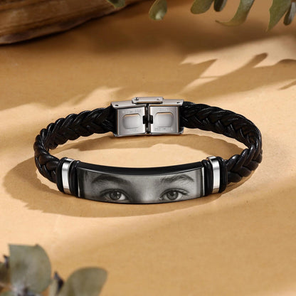 Personalized Eye Photo Bracelet - Braided Leather & Stainless Steel