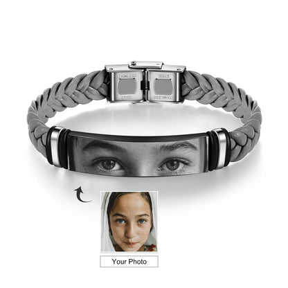 Personalized Eye Photo Bracelet - Braided Leather & Stainless Steel