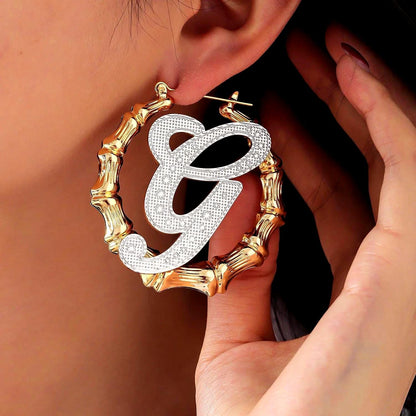 Bamboo Hoop Earrings: Initial Earrings, Gold Name Hoops, Statement Jewelry Gift