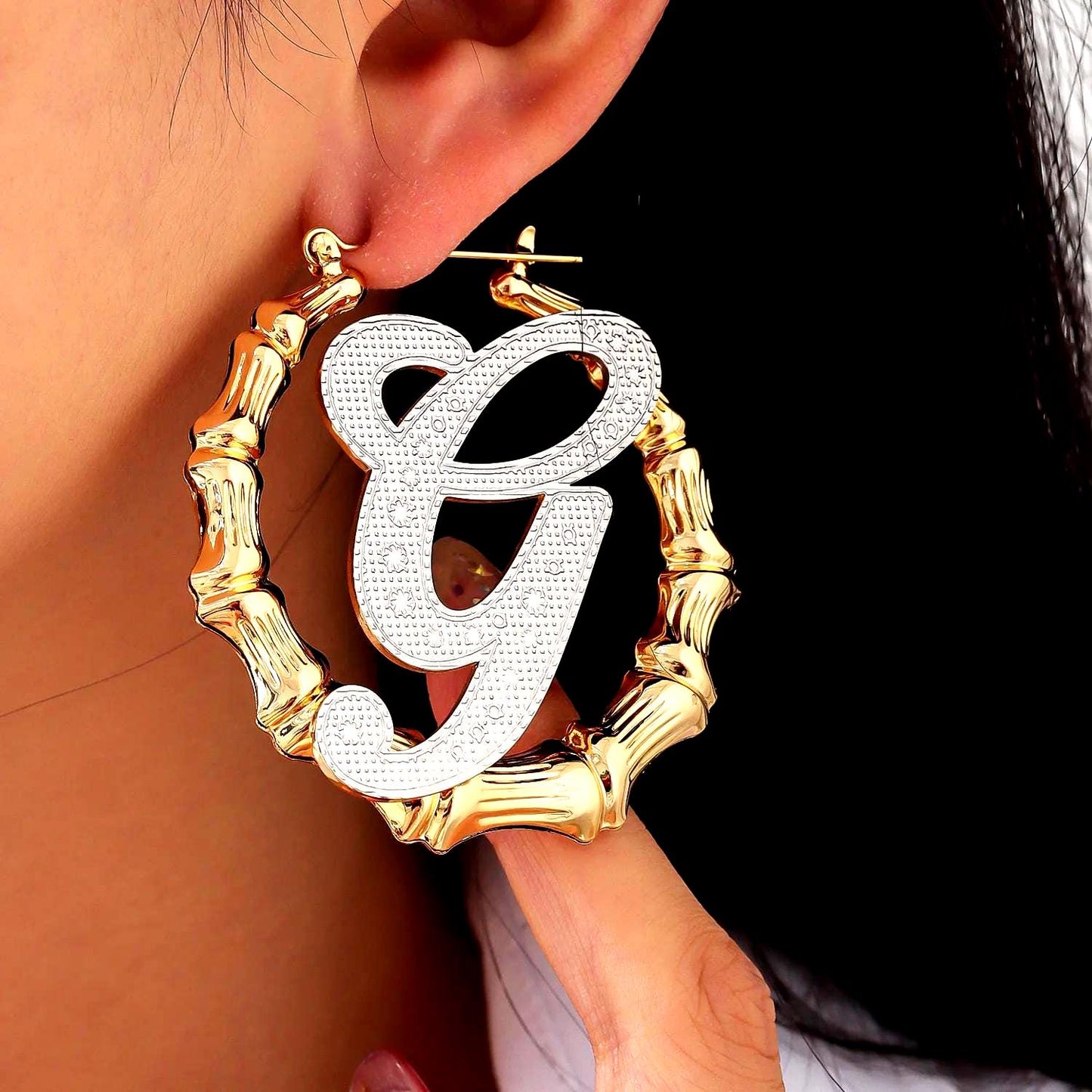 Initial Earrings: Gold Bamboo Hoops, Personalized Jewelry Gift, Waterproof Jewelry