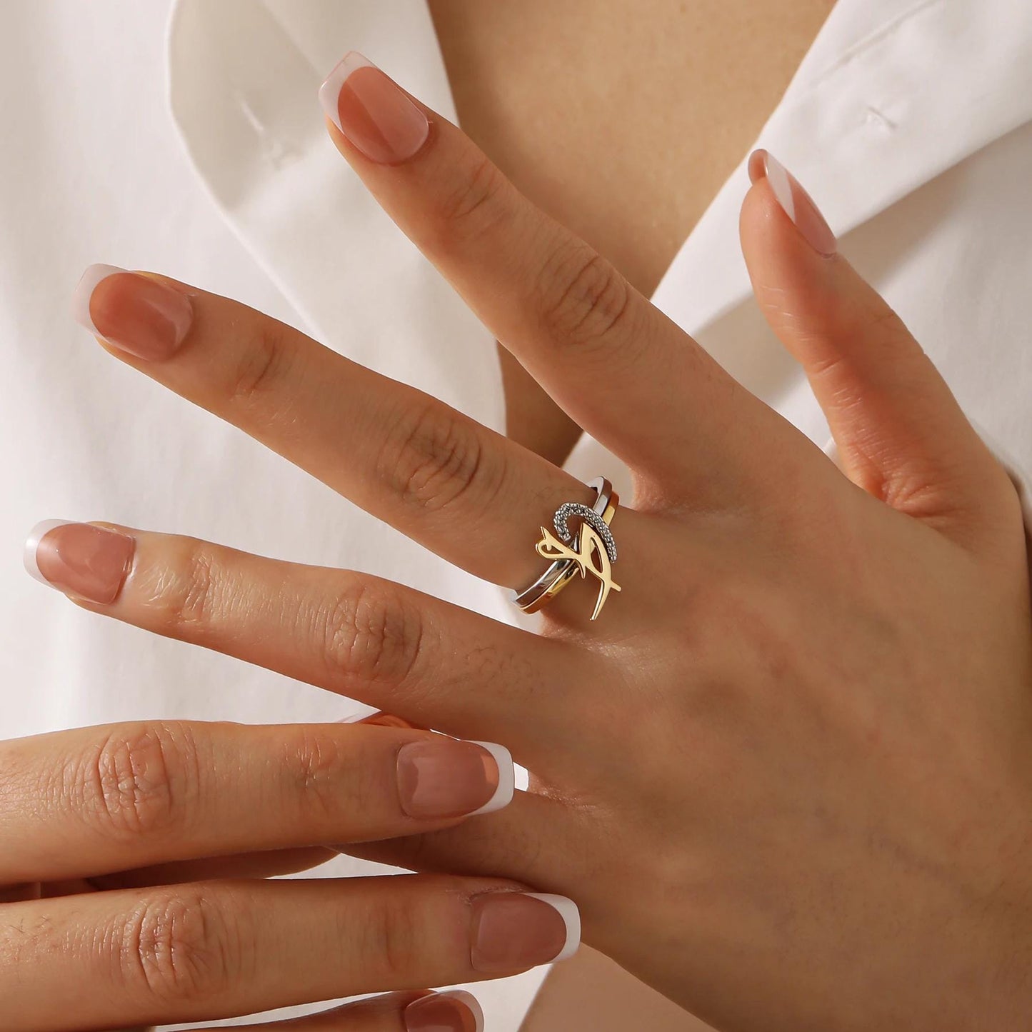 Arabic Initial Ring: 2 Intertwined Rings, Stainless Steel Silver and Gold