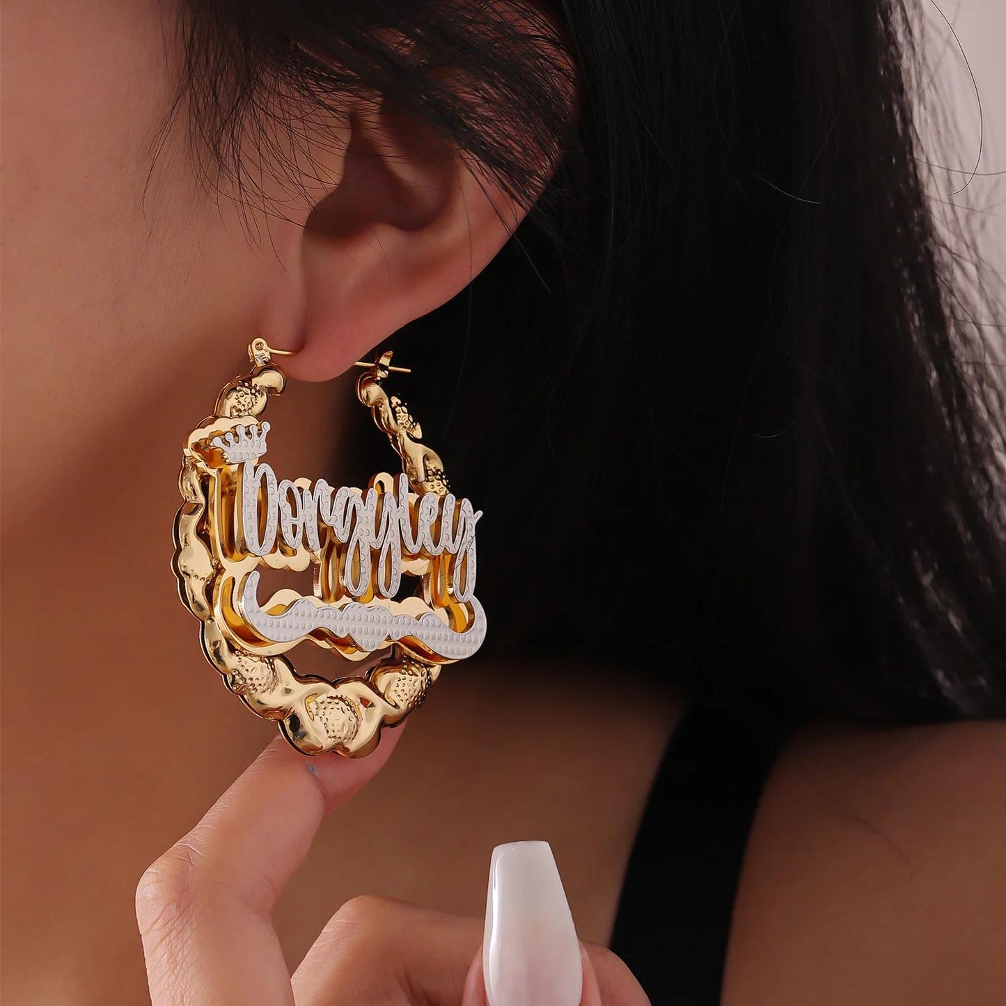 Custom XOXO Name Bamboo Hoop Earrings: Personalized Two-Tone Statement, Gold Silver or Rose Gold