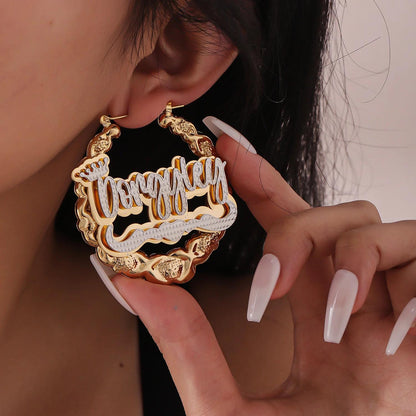 Custom XOXO Name Bamboo Hoop Earrings: Personalized Two-Tone Statement, Gold Silver or Rose Gold