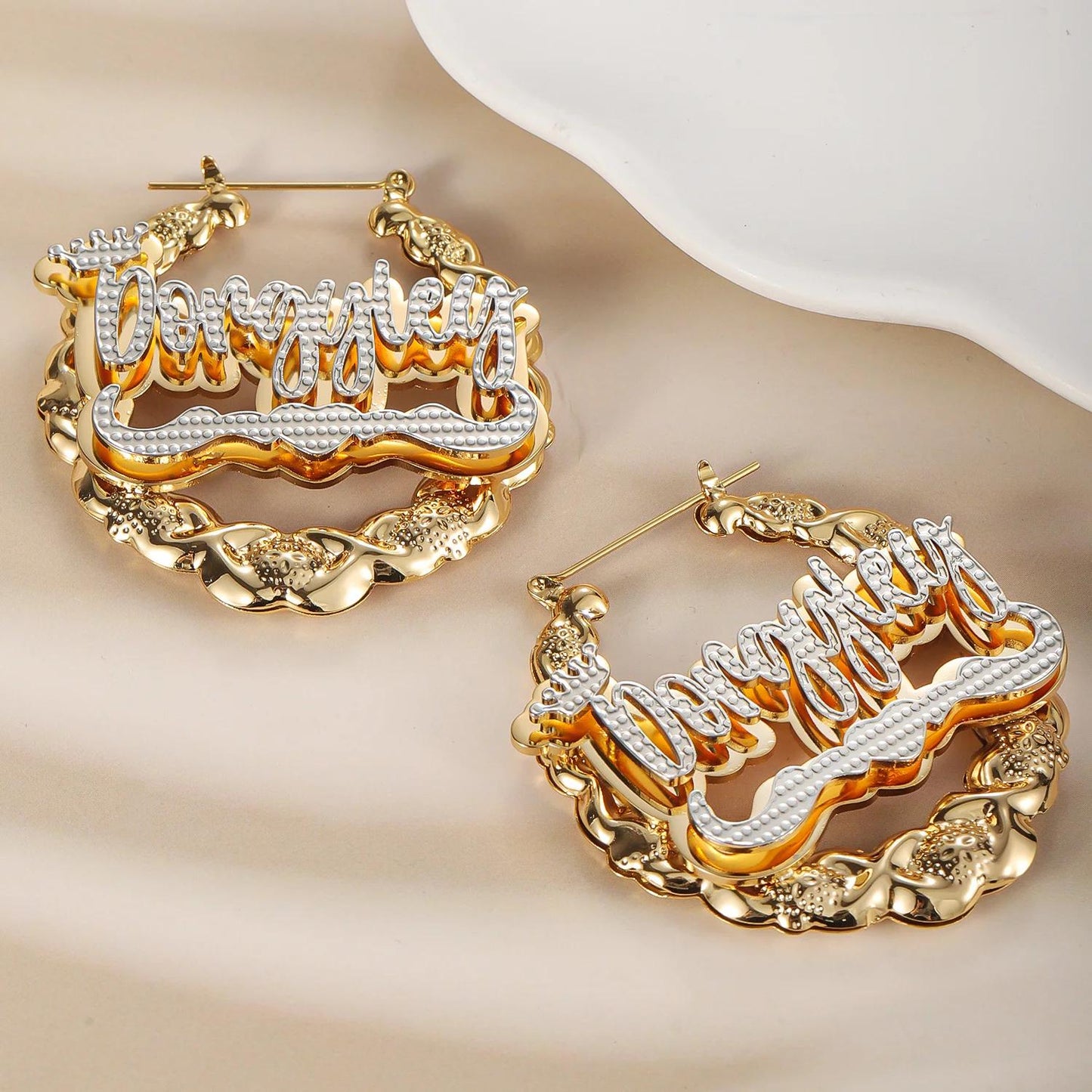 Custom XOXO Name Bamboo Hoop Earrings: Personalized Two-Tone Statement, Gold Silver or Rose Gold
