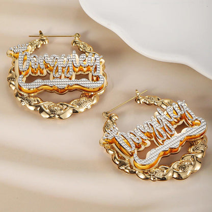 Custom XOXO Name Bamboo Hoop Earrings: Personalized Two-Tone Statement, Gold Silver or Rose Gold