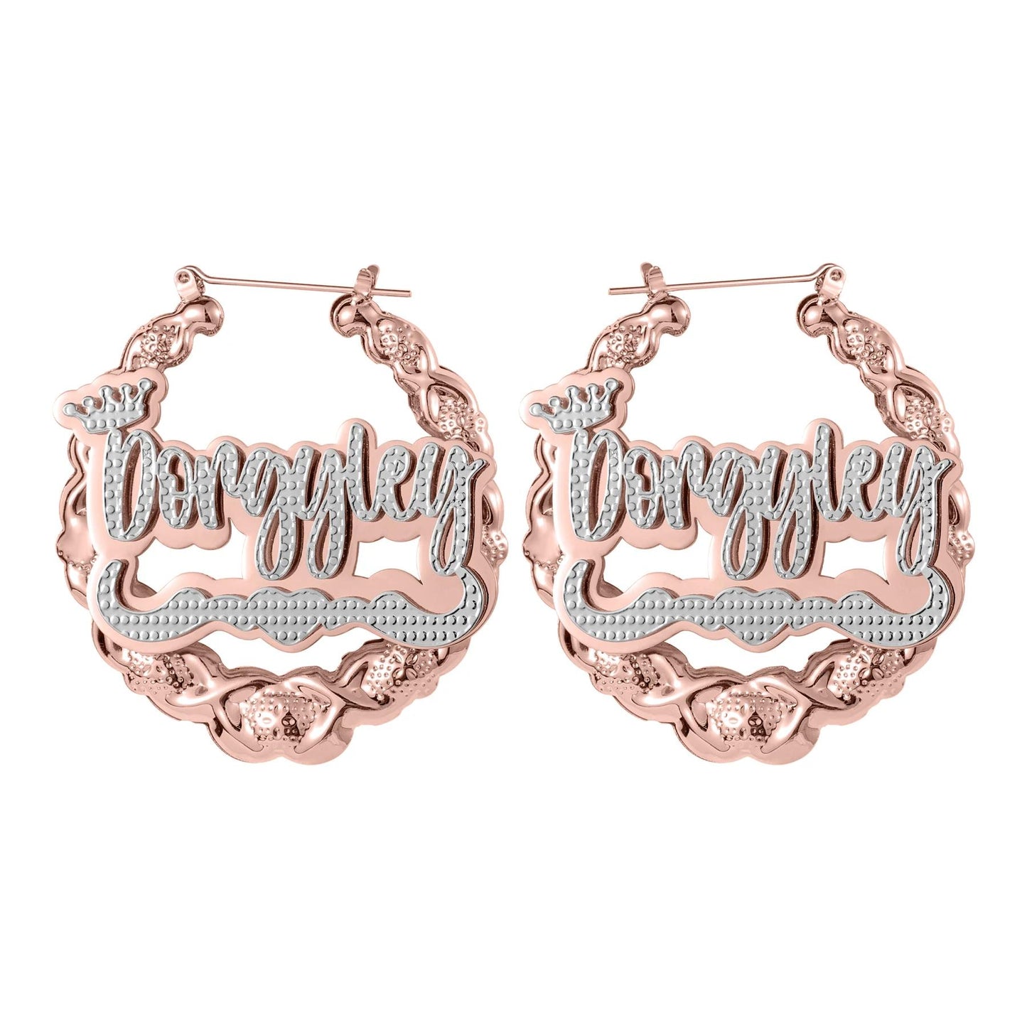 Custom XOXO Name Bamboo Hoop Earrings: Personalized Two-Tone Statement, Gold Silver or Rose Gold