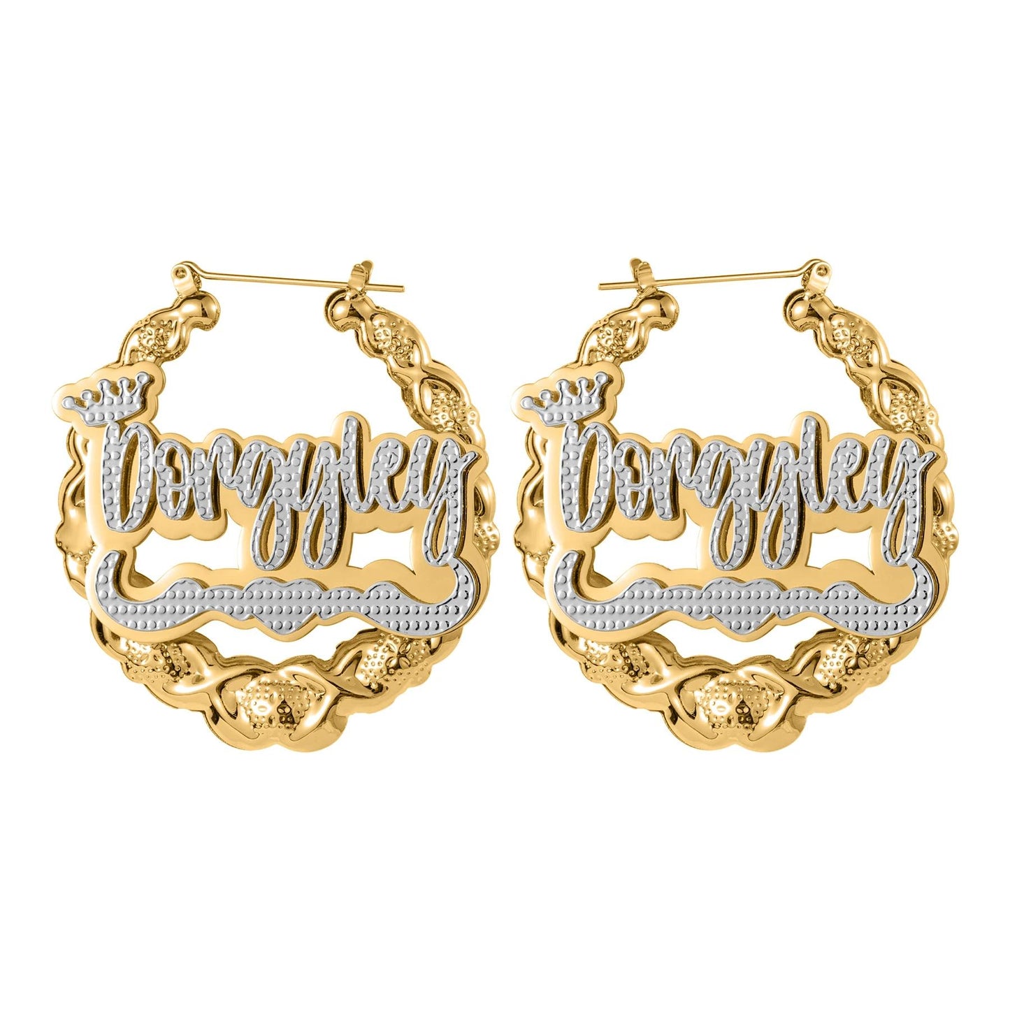 Custom XOXO Name Bamboo Hoop Earrings: Personalized Two-Tone Statement, Gold Silver or Rose Gold