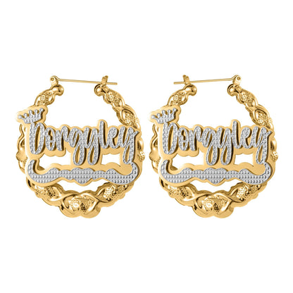 Custom XOXO Name Bamboo Hoop Earrings: Personalized Two-Tone Statement, Gold Silver or Rose Gold