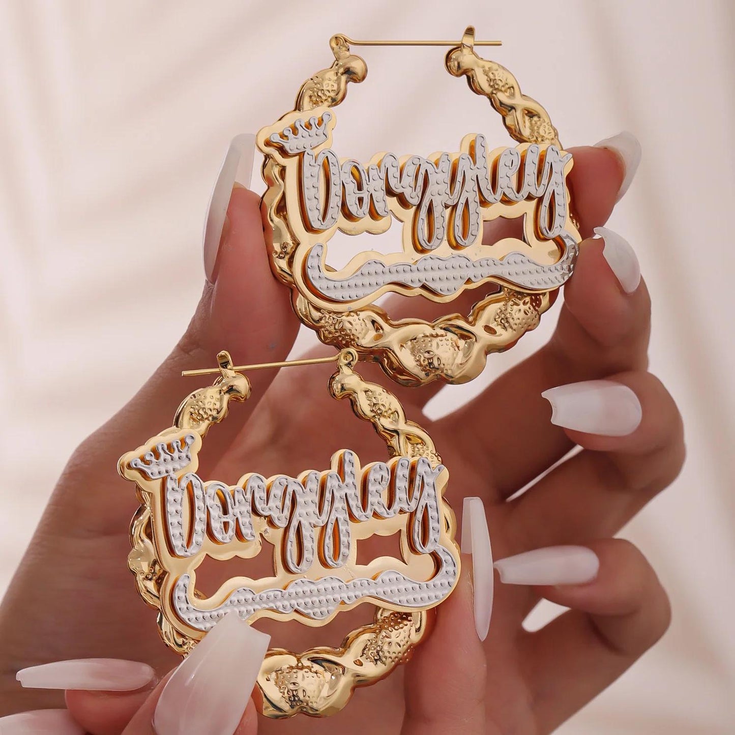 Custom XOXO Name Bamboo Hoop Earrings: Personalized Two-Tone Statement, Gold Silver or Rose Gold