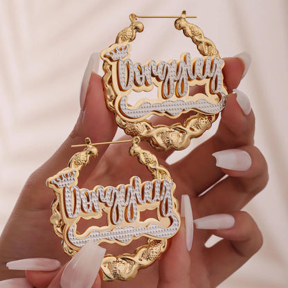 Custom XOXO Name Bamboo Hoop Earrings: Personalized Two-Tone Statement, Gold Silver or Rose Gold