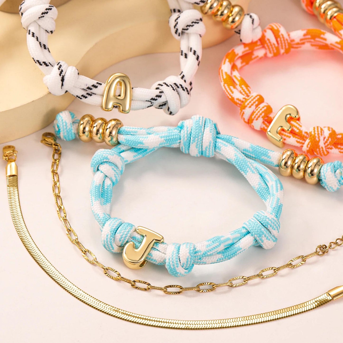 Personalized Bracelet: Bubble Letter Charm, 1-6 letters, Adjustable Rope Bracelet