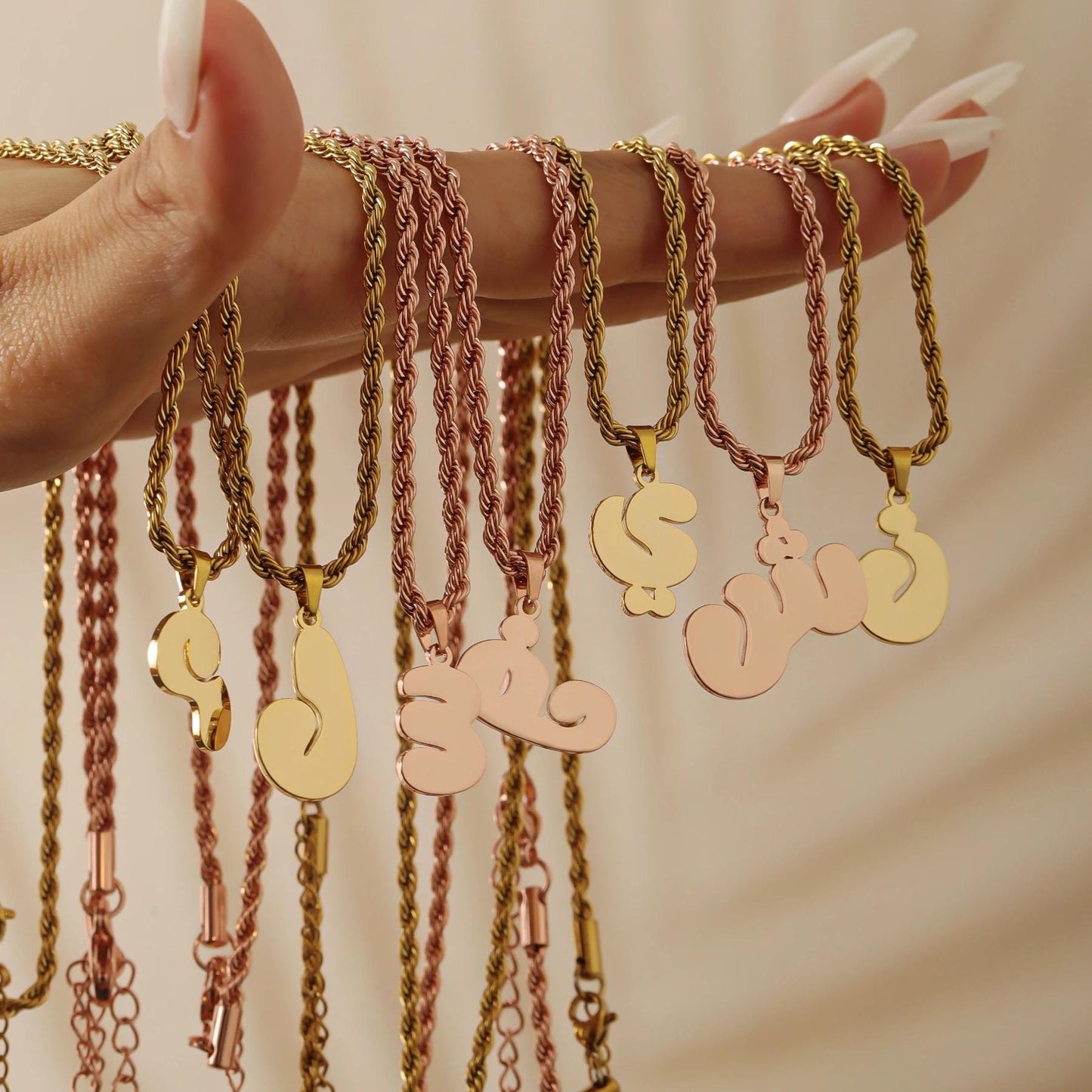 Custom Arabic Initial Necklace: Bubble Letter, Rope Chain